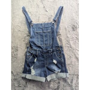 KanCan Overall Shorts Women's Size Medium Dark Wash Distressed